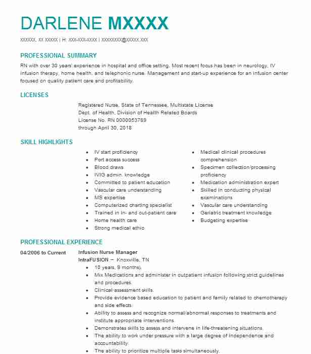 Assistant Nurse Infusion Manager Resume Example