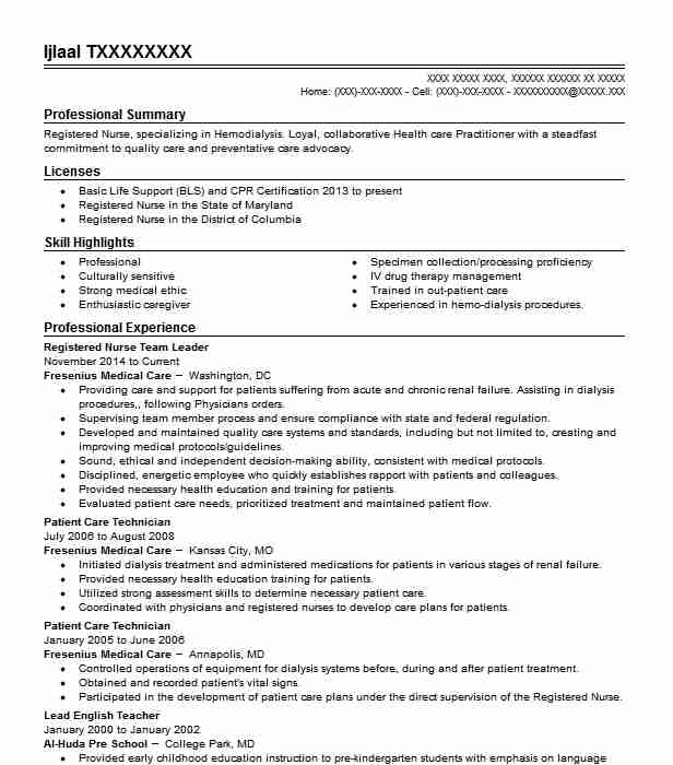 Team Leader Medication Nurse Resume Example