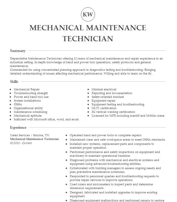 Mechanical Maintenance Engineer Resume Objective