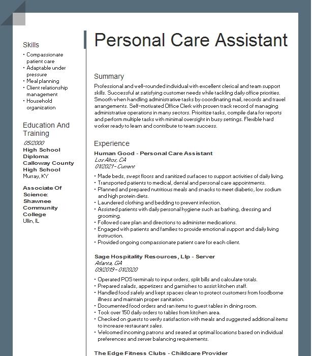 Personal Care Assistant Resume Objective Example