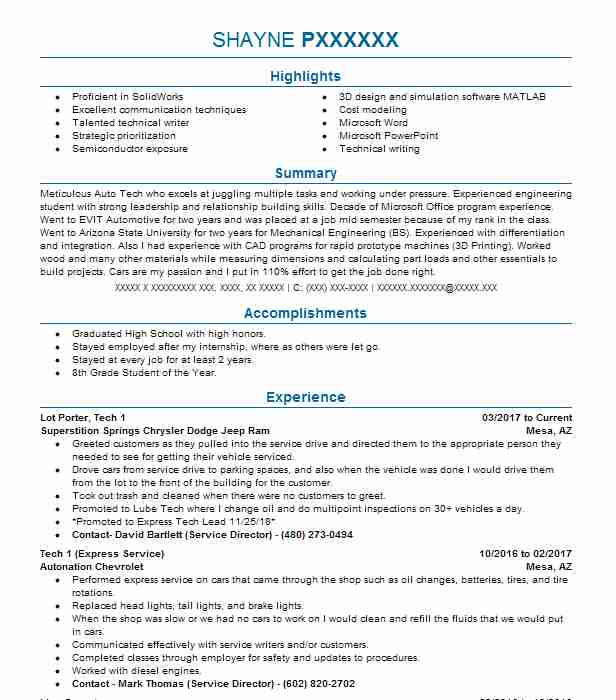 Porter Lot Attendant Resume Example