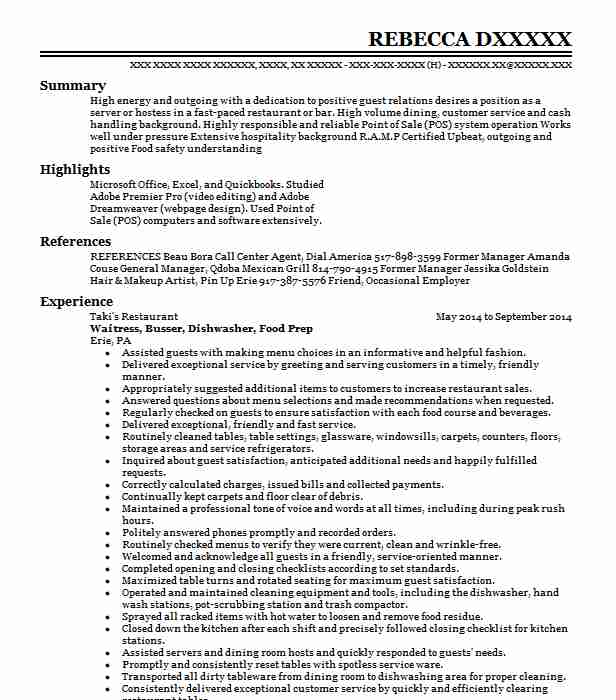 Waitress Food Prep Resume Example