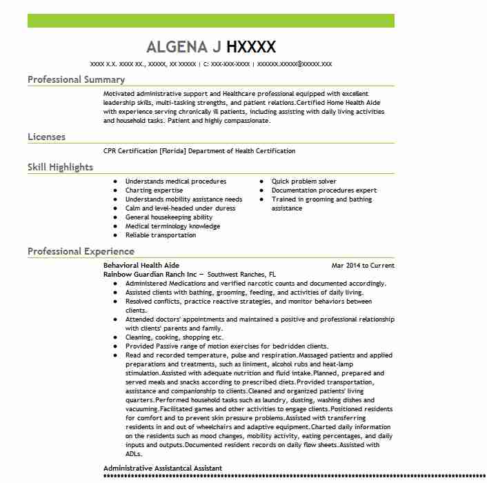 Behavioral Health Aide Resume Example