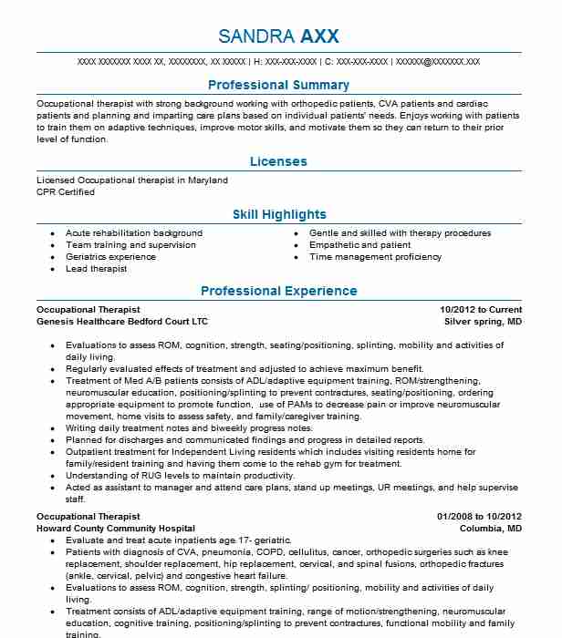 Occupational Therapist Resume Example