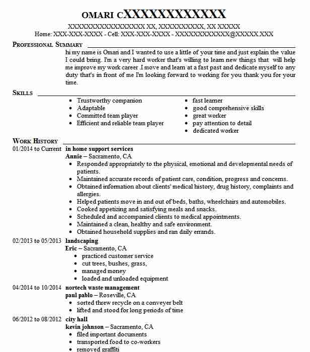 In Home Support Services Resume Example