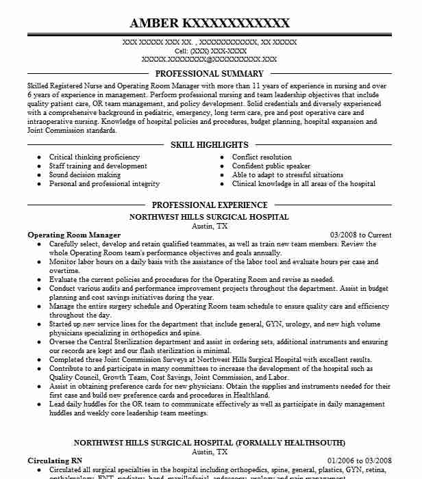 Operating Room Manager Resume Example