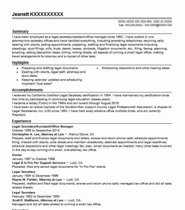 Bookkeeper Legal Secretary Office Manager Resume Example