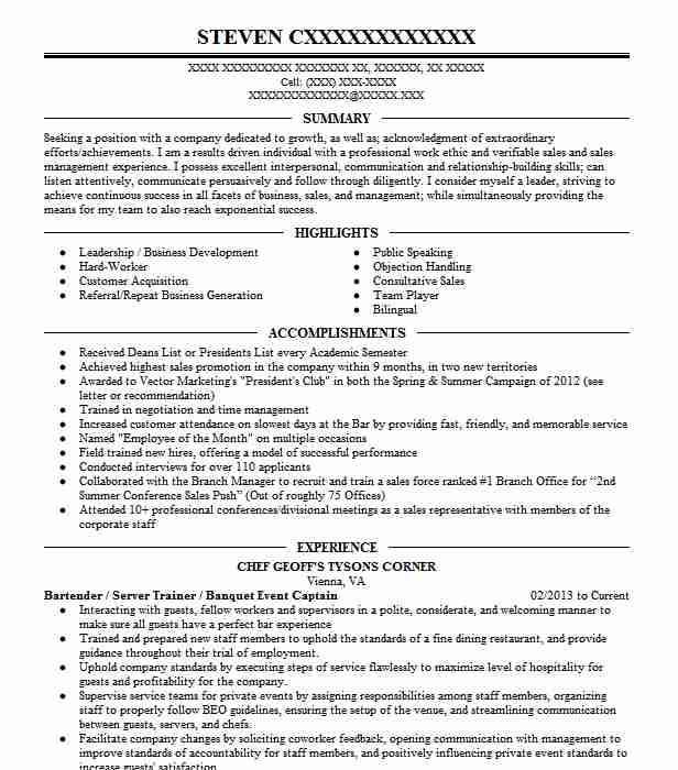 Bartender, Banquet Bar Captain Resume Example