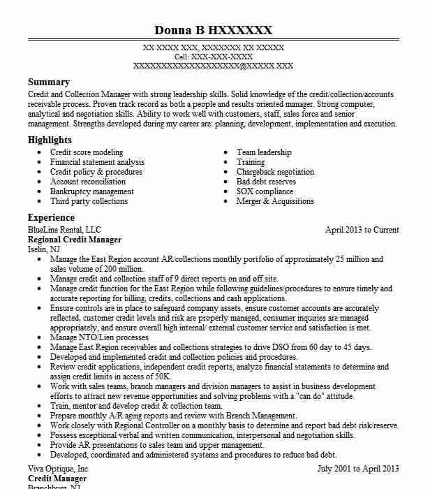 Regional Credit Supervisor Resume Example