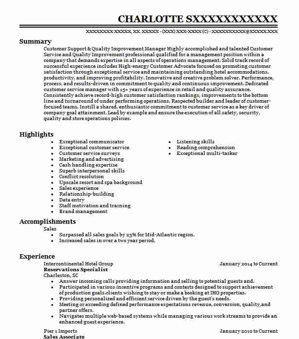 Reservations Specialist Resume Example