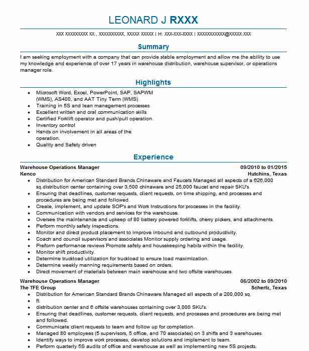 Warehouse Operations Manager Resume Example