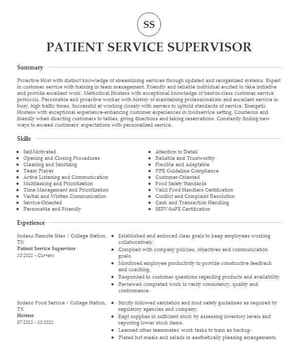 Patient Service Supervisor Resume Example