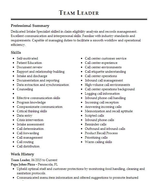 Team Leader Resume Example 3483