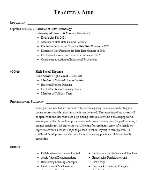 Teacher's Aide Resume Example