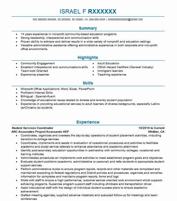 Student Services Coordinator Resume Example