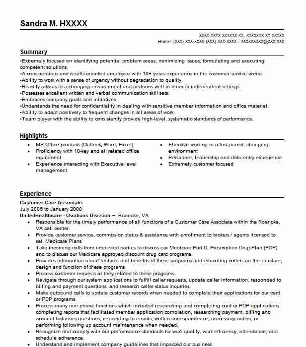 Customer Care Associate Resume Example