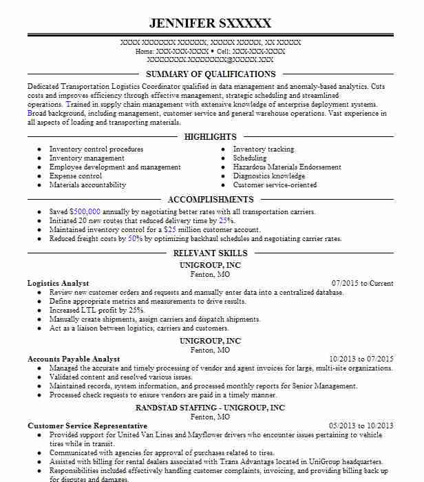 Logistics Analyst Resume Example