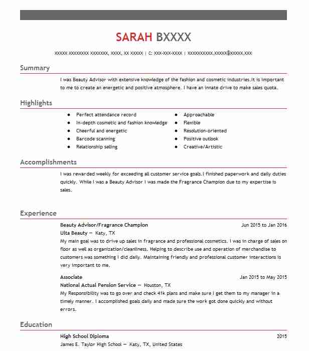 Cosmetic Fragrance Retail Beauty Advisor Resume Example