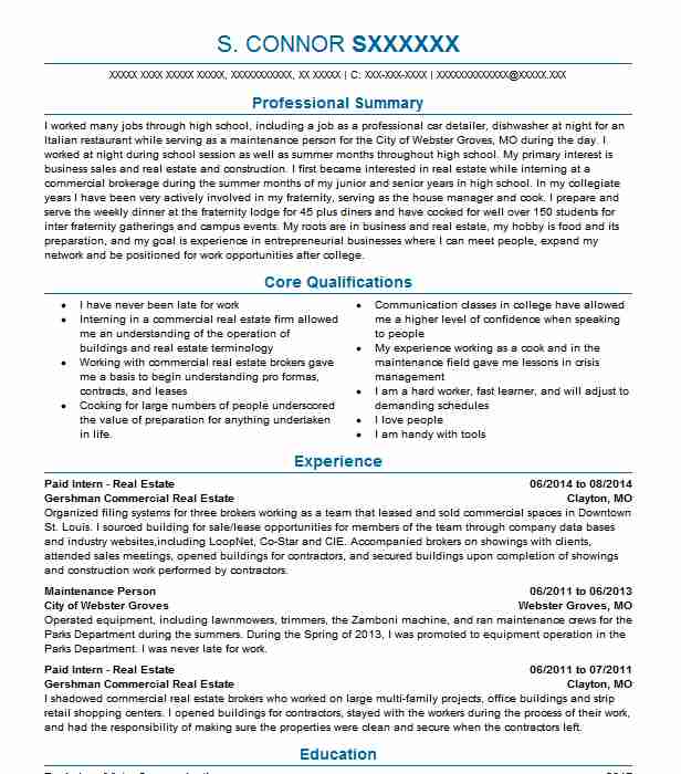 Real Estate Financial Analyst, Intern Resume Example