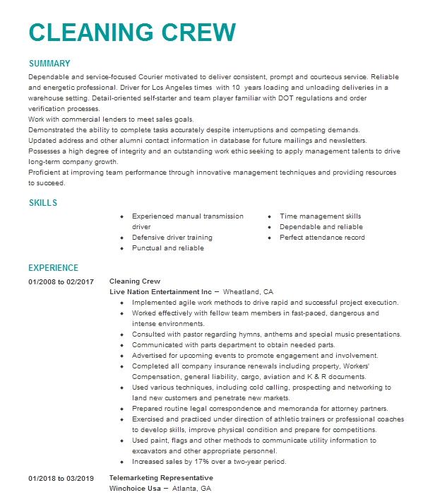 Cleaning Crew Resume Example