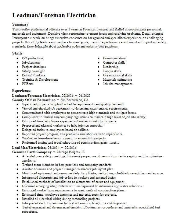 Foreman Leadman Resume Example