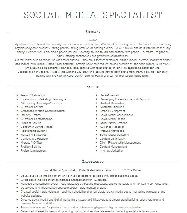 Social Media Specialist Resume Example