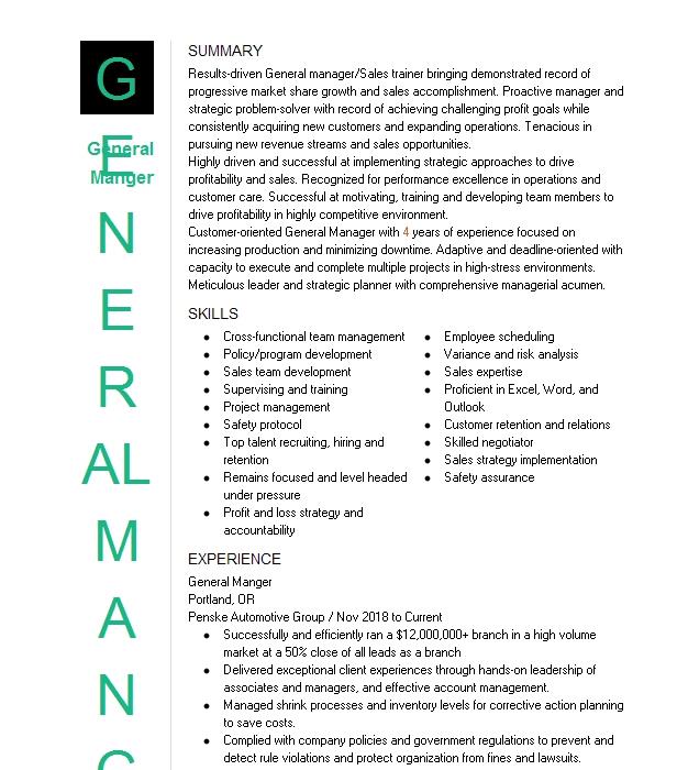 General Manger Resume Example