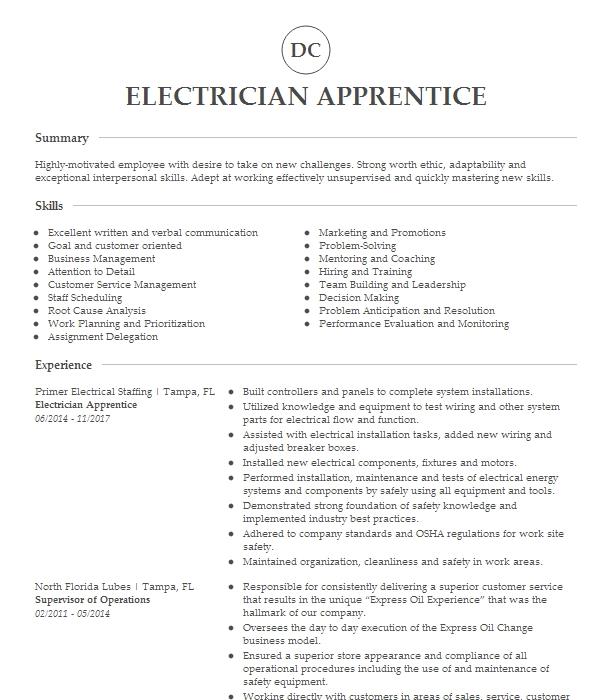 Electrician Apprentice Resume Example