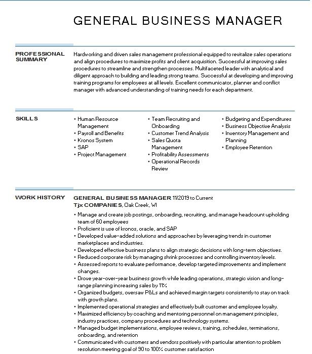 General Business Manager Resume Example