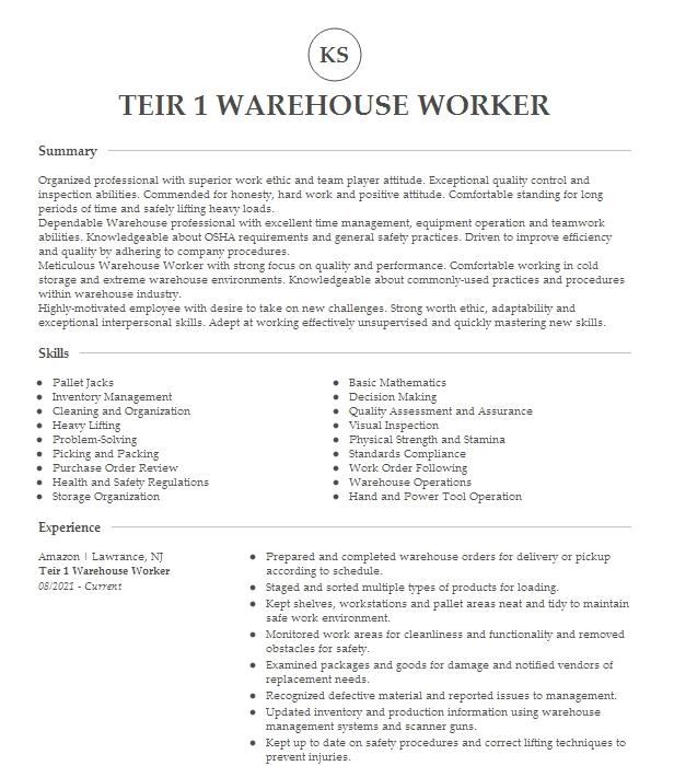 Amazon Associate Teir 1 Resume Example