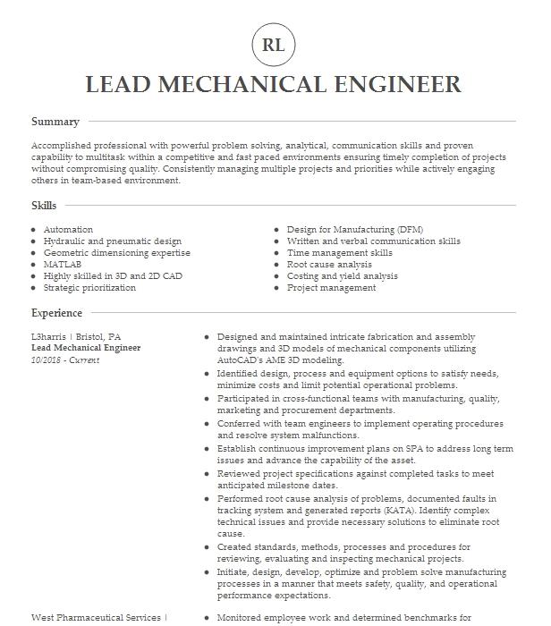 Lead Mechanical Engineer Resume Example