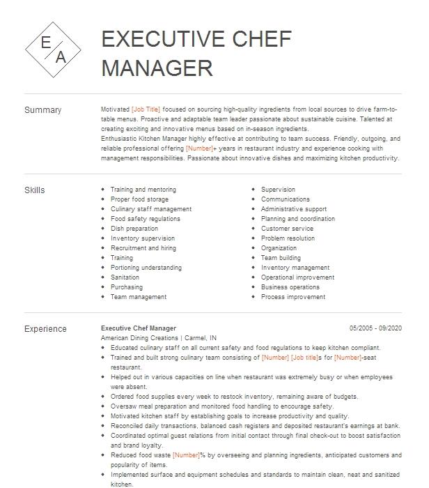 Executive Chef Manager Resume Example