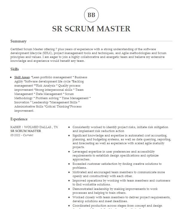 Sr Scrum Master Resume Example 8497