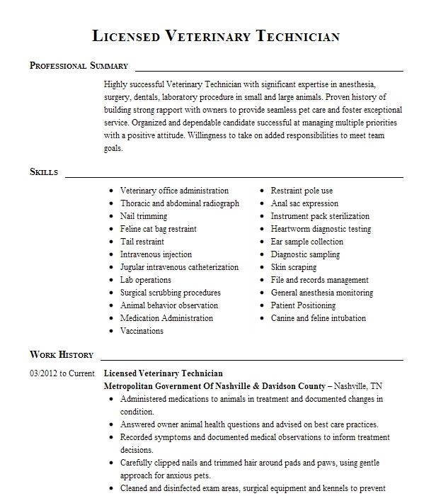 Licensed Veterinary Technician Resume Example