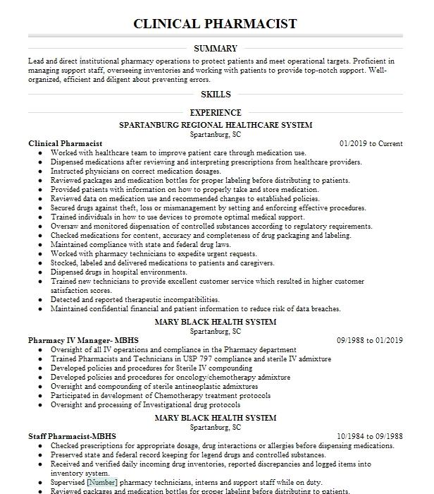 Clinical Pharmacist Resume Example