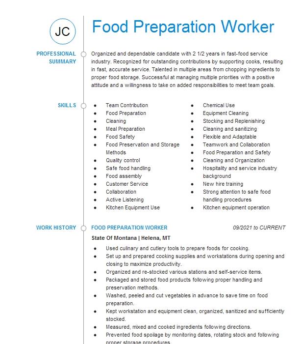 Food Preparation Worker Resume Example