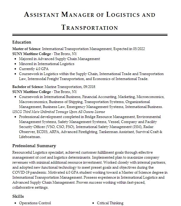 Assistant Transportation Manager Resume Example