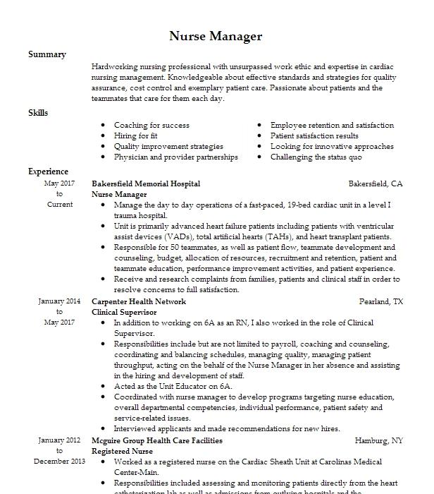 Nurse Manager Resume Example