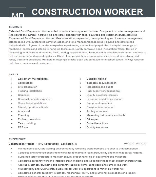 Construction Worker Resume Example