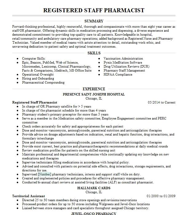 Registered Staff Pharmacist Resume Example