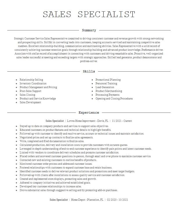 Sales Specialist Resume Example