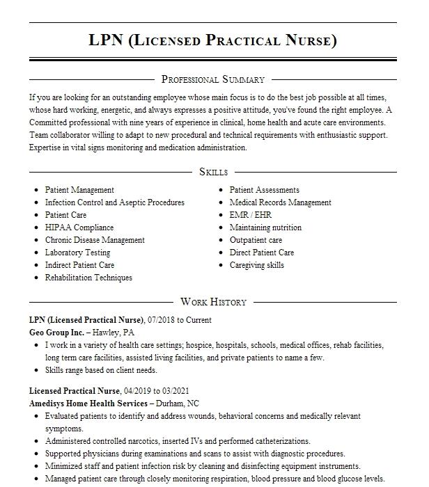 Lpn Licensed Practical Nurse Resume Example 7334