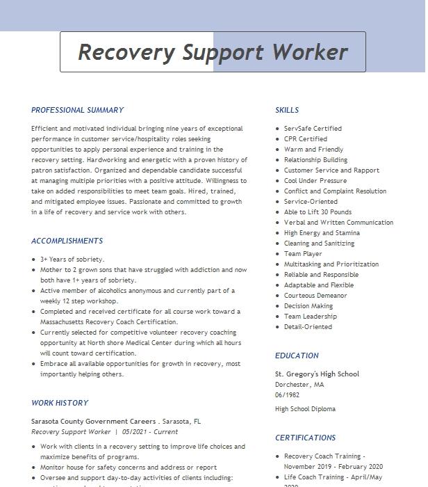 Recovery Support Aide Rsa Resume Example