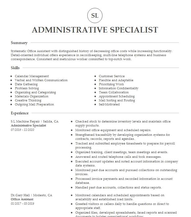 Administrative Specialist Resume Example