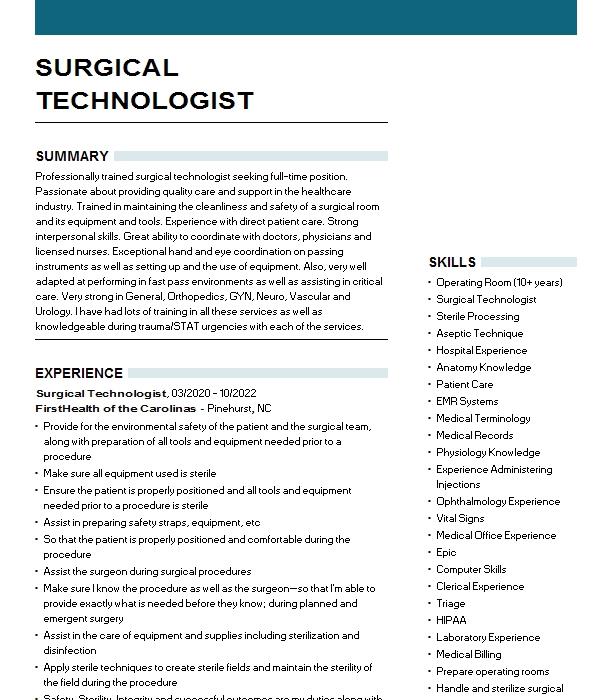 Surgical Technologist Resume Example