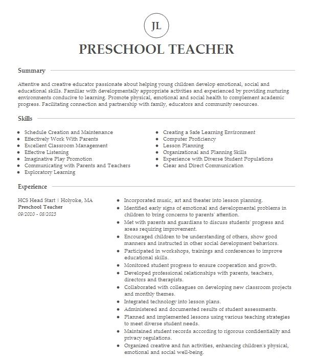 Preschool Teacher Resume Example