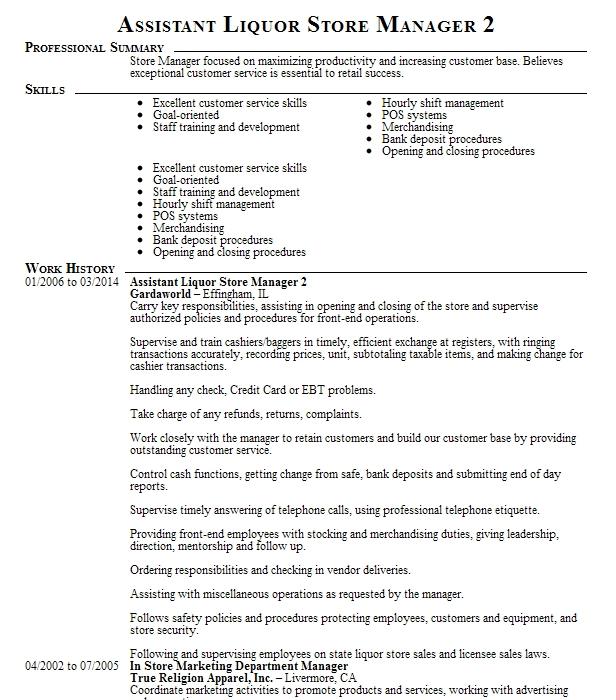 Assistant Liquor Store Manager 2 Resume Example