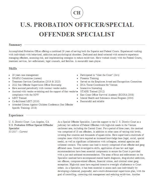 U S Probation Officer Special Offender Specialist Resume Example 0977