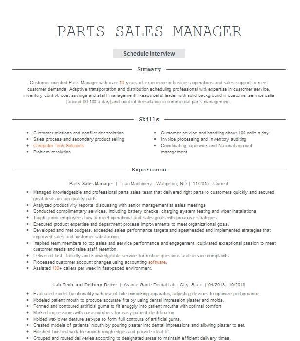 Parts Sales Manager Resume Example