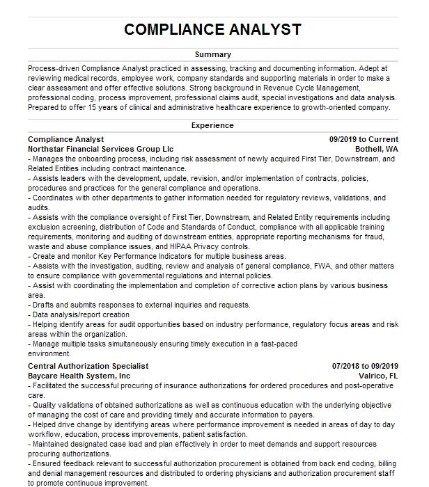 Compliance Analyst Resume Example